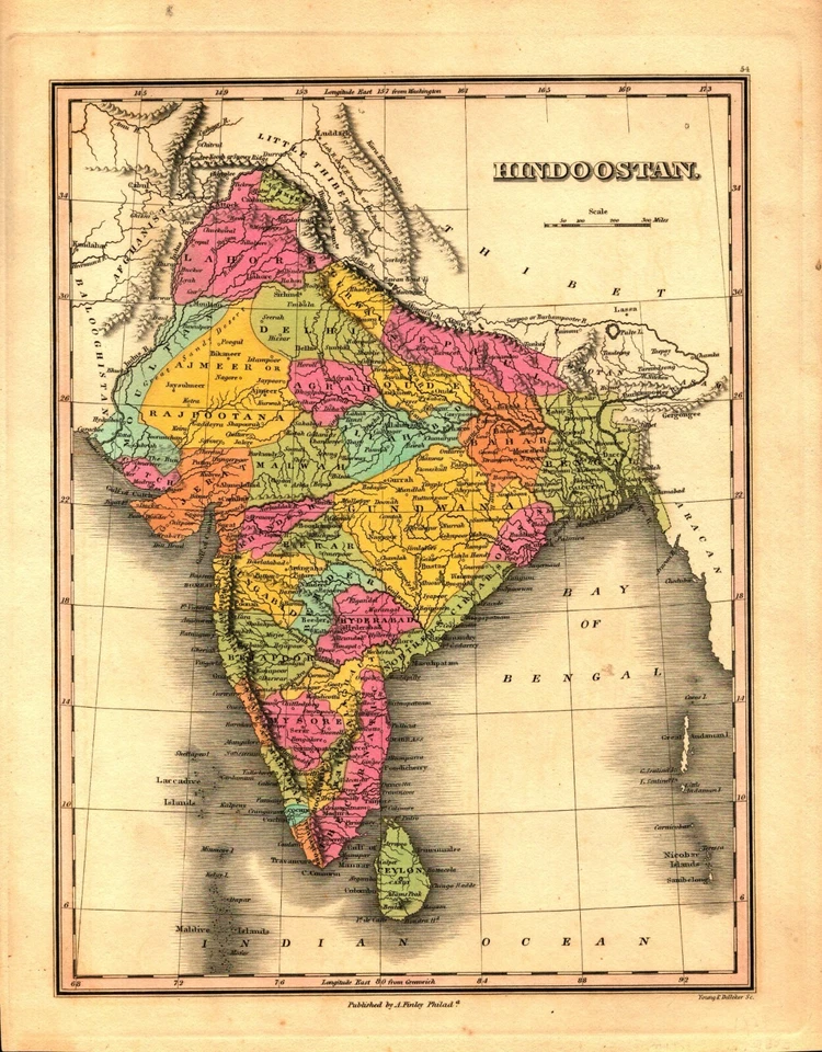 Mapa Finley de la India del Hindoostán de 1824 - Antigua era colonial británica coloreada a mano Foto 1 de 1