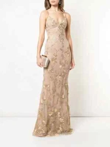 $995 NEW Marchesa Notte Embroidered Beaded Gown Dress Gold Crisscross Strap 0 - Picture 1 of 12
