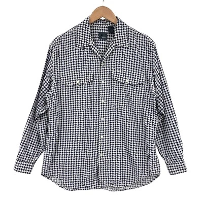 Lizwear Button Up Shirt Mens Medium White Navy Houndstooth Detail Chest Pockets - Image 1 of 4