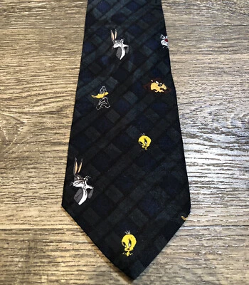 Vintage 1993 Looney Tunes Mania Blue Green Plaid Neck Tie Bugs Taz Tweety Daffy - Image 1 of 4