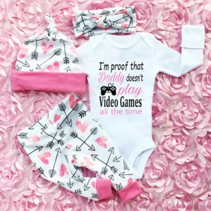 Recién Nacido Bebé Niña Ropa Letra Mameluco Mono Prendas para el torso + Pantalones + Diadema Conjunto - Imagen 1 de 7