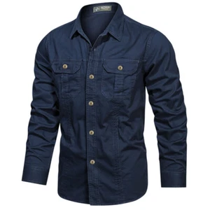 Mens Work Shirts Military Long Sleeves Air Force Army Cotton Casual Shirts Tops - Picture 1 of 18