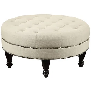 Coaster Traditional Fabric Upholstered Tufted Round Ottoman in Beige - Picture 1 of 2
