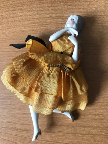 Antique Porcelain Half China Doll Pin Cushion figure gold shoes Germany German Cover