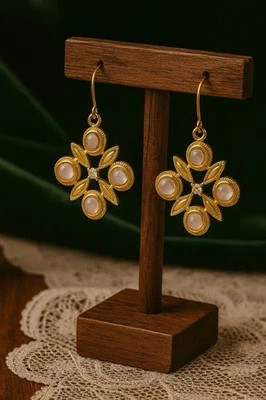 Anthropologie Moonstone Flower Earrings Cross Wedding Gold Boho CZ Snowflake VTG - Image 1 of 4