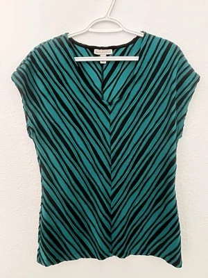 Blusa Dana Buchman Verde Y Negro Rayas Sin Mangas Cuello en V Grande Poliéster Foto 1 de 4