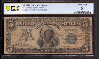 1899 $5 SILVER CERTIFICATE CHIEF NOTE FR.271 LYONS ROBERTS PCGS B VERY GOOD VG 8 - Image 1 of 4