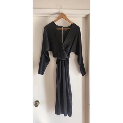 Vestido midi satinado negro manga larga con corbata envolvente cóctel fiesta talla 4 de ASOS DESIGN Foto 1 de 4