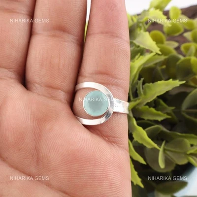 925 Argento Rotondo Acqua Calcedonio Pietra Anniversario Fascia Art Déco Natale - Immagine 1 di 4