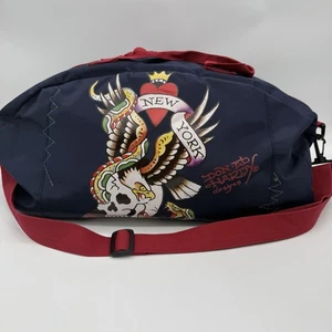 Don Ed Hardy Designs Blue Duffel Gym Bag New York Heart Skull Eagle Snake Tatoo - Picture 1 of 8