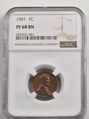 1961 PROOF LINCOLN MEMORIAL CENT 1C NGC PF68 BN - RAINBOW TONING #JG1001 - Image 1 of 4