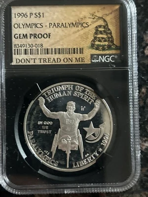 1996-P Gem Proof Paralympics Silver Don’t Tread On Me NGC Certified 1oz silver - Image 1 of 4