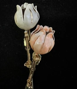 2 Vintage SANDOR Enameled Yellow & Pale Green Tulip Brooches 3” X 5/8”—-766 - Picture 1 of 5