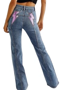 NUEVO FREE PEOPLE THUNDERBIRD PETARDO METALIZADO PÚRPURA ROSA ACAMPANADO JEANS TALLA 31 - Imagen 1 de 14