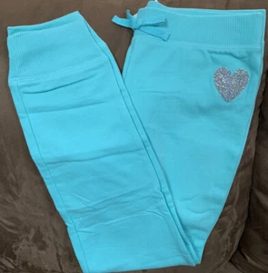 GIRLS SIZE 14 SWEATPANTS AQUA SHIMMERING HEART SILVER SUPER CUTE!! - Picture 1 of 2