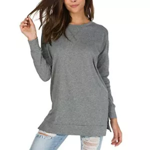 Trendy Women Autumn Long Sleeve Loose Blouse Tunic T-Shirt Trim Tops Round Neck - Picture 1 of 12