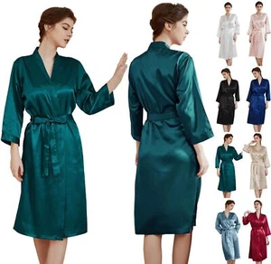 UK Long Plain Satin Silk Robe Wedding Bridesmaid Kimono Dressing Gown Sleepwear - Picture 1 of 37