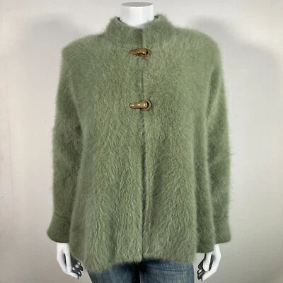 80% Angora Fuzzy Vintage VENESHA Olive Green Lined Sweater Jacket 46 in bust - Image 1 of 4