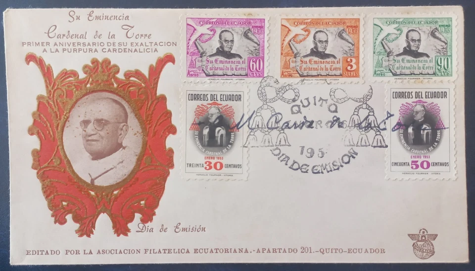 Ecuador FDC 1953. CARDENAL DE LA TORRE . Autografiado. - Image 1 of 1