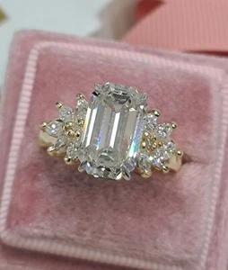 3 Ct Emerald Lab-Created Diamond Engagement Wedding Ring 925 Yellow Gold Plated - Picture 1 of 6