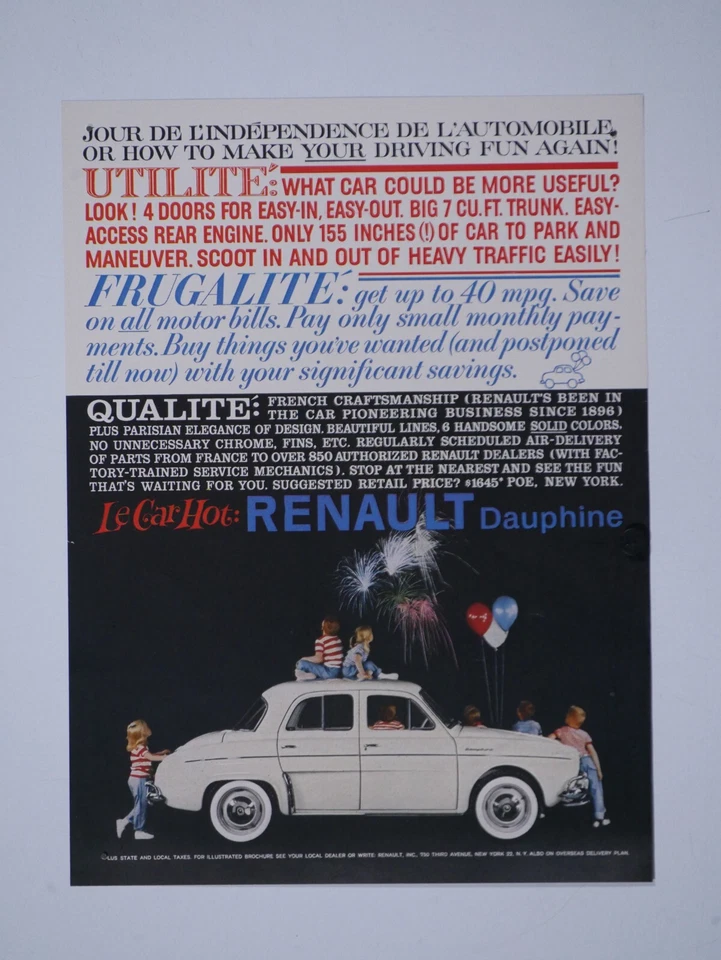 Renault Dauphine Le Car 1959 vintage blanco anuncio impreso original 8,5 x 11" Foto 1 de 4