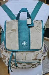 AUTHENTIC Coach Signature Stripe Backpack 21928 Khaki/Jade 2 Bag Charms - Picture 1 of 7