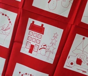 Fabric Panel - Winter Wonderland Christmas Snowmen Red Work Blocks Moda 24x44" - Picture 1 of 5