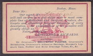 1880er Werbepostkarte Dr Grosvenor & Richards Boston Bellcapsic Plaster chirurgisch - Bild 1 von 2
