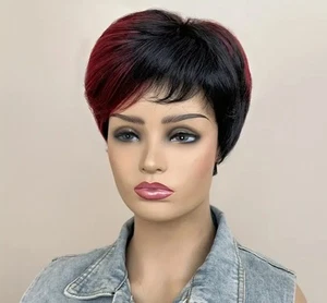 100% BRAZILIAN HUMAN HAIR SHORT 8" WIG WITH BANGS STRAIGHT 1B/99J BURGUNDY - Picture 1 of 9