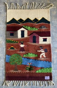 Hencho En Mexico Lana Mexican Made 100% Wolle Teppich Fransen Dorf Szene Vintage - Bild 1 von 12