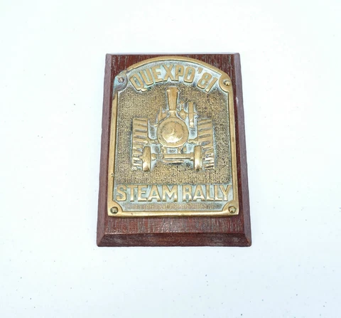 Vintage Brass Steam Traction Engine Wall Plaque Sign - Mounted Onto Wooden Base Cover