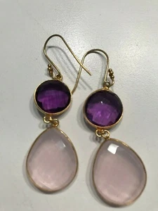 Amethyst and Rose Quartz Gold Plated Earrings - Picture 1 of 2
