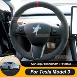 DIY Charcoal Suede Red Thread Car Steering Wheel Cover For Tesla Model 3 Y X - Picture 1 of 7