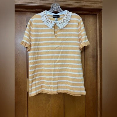 Karl Lagerfeld Striped Lace Crochet Collared Blouse Size Large Yellow and White - Image 1 of 4