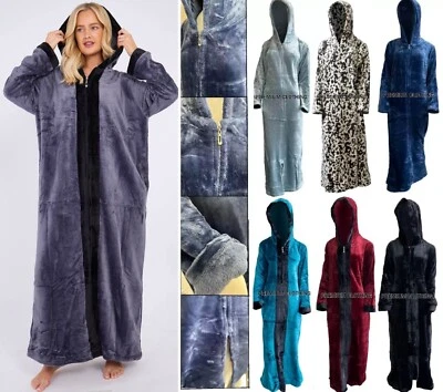 FULL ZIP UP FLUFFY Hooded Dressing Gown Long Line Bath robe Blanket Sherpa Soft - Image 1 of 3