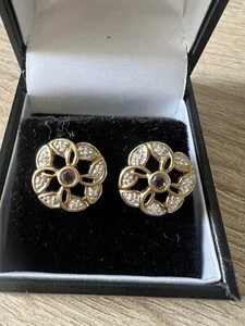 Vintage Floral / Flower 9ct Yellow Gold Earrings with Amethyst and Diamonds - Picture 1 of 6