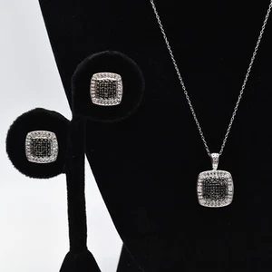 Sterling Silver Blakc & White Diamond Accent Necklace & Earring Set .50cttw - Picture 1 of 5