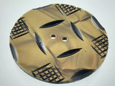 Carved Bakelite Gold Color Garment Button 1.75in Geometric Pattern 342B - Image 1 of 4