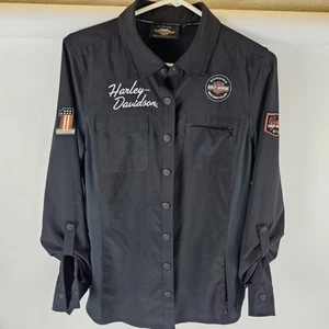 Harley Davidson Black Button-up Shirt Women's M with Patches and Pockets Logo - Picture 1 of 12