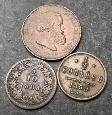 3 Coin Lot 1885 Austria 5/10 Kreuzer 1899 Russia 1/2 Kopek 1869 Brazil 10 Reis - Image 1 of 4