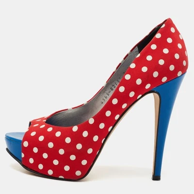 Gina Red/Blue Polka Dot Print Canvas Peep Toe Platform Pumps Size 38 - Image 1 of 4