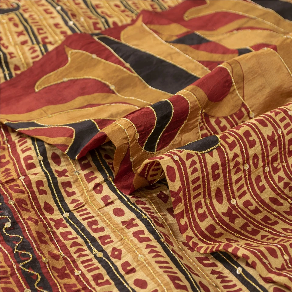 Saris de colección dorados y rojos de seda pura sánscriti sari 5+ yardas tela artesanal Foto 1 de 4