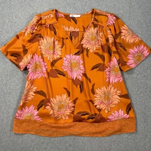 Blusa para mujer DR2 floral cuello en V X-grande naranja satinado manga corta - Imagen 1 de 8
