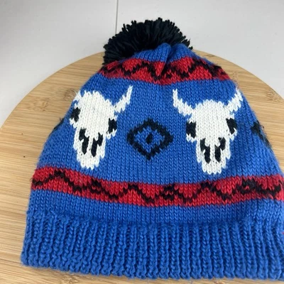 Coal Beanie Hat Cap OFSM Adult Blue Knit Cow Skulls Western Pom Stripes - image 1 of 4
