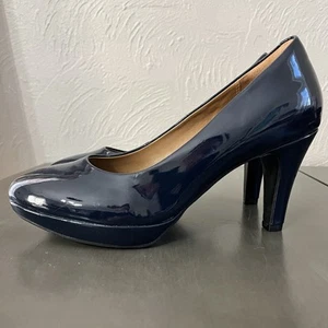 Clarks Collection Dolly Brier Navy Blue Patent Leather Heel Pumps Womens 8.5 - Picture 1 of 7