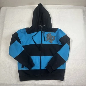 Y2K Southpole schwarz blau gestreifter Langarm Fleece Hoodie Herren Small - Bild 1 von 9