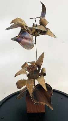 Brutalist Poinsetta Flower Torch Cut Metal Floral Sculpture Wood Base Signed MCM - Image 1 of 4