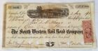 1871 CERTIFICAT DE STOCK 1871 SOUTH WESTERN RAIL ROAD COMPANY GEORGIE # 3404 avec timbre