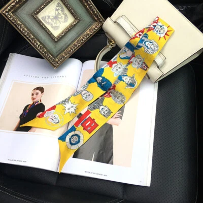 Sally Mulberry Twill Silk Scarf Ribbon Aliens Print Slim Headband Necktie 85*5cm - Image 1 of 4