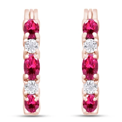 2.00 Ct Created Ruby Hoop Earrings with Diamonds in 18K Rose Gold Plated - Image 1 of 4